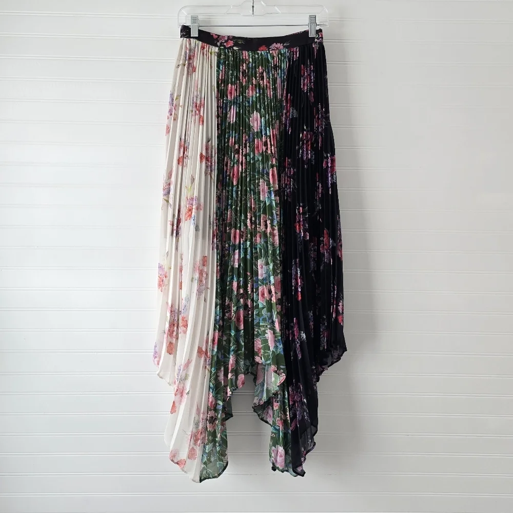 Amur Mica Skirt Tri Color Floral Pleated Hankerchief Hem Midi Skirt 4